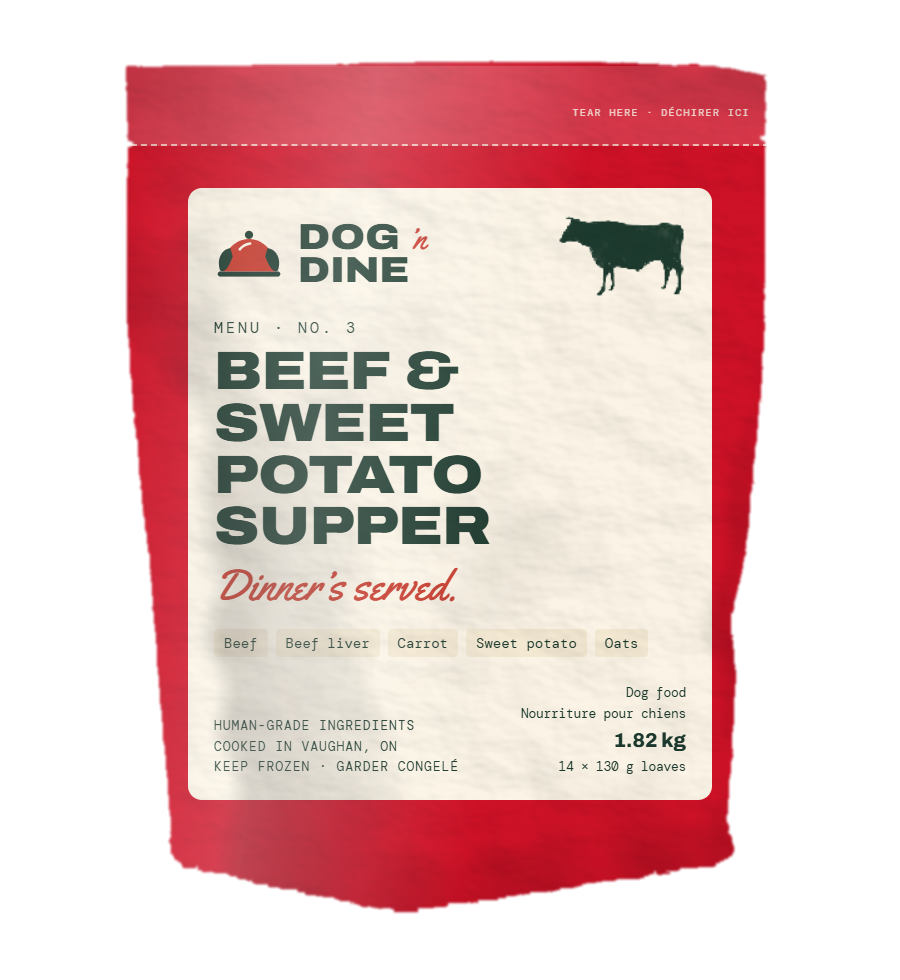 Dog 'n Dine No. 3 Beef & Sweet Potato Supper, a 14-loaf frozen pouch