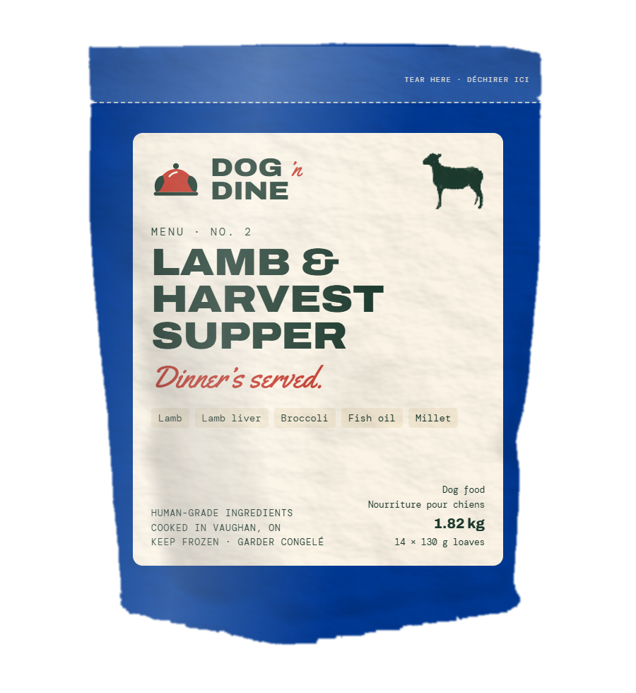 Dog 'n Dine No. 2 Lamb & Harvest Supper, a 14-loaf frozen pouch